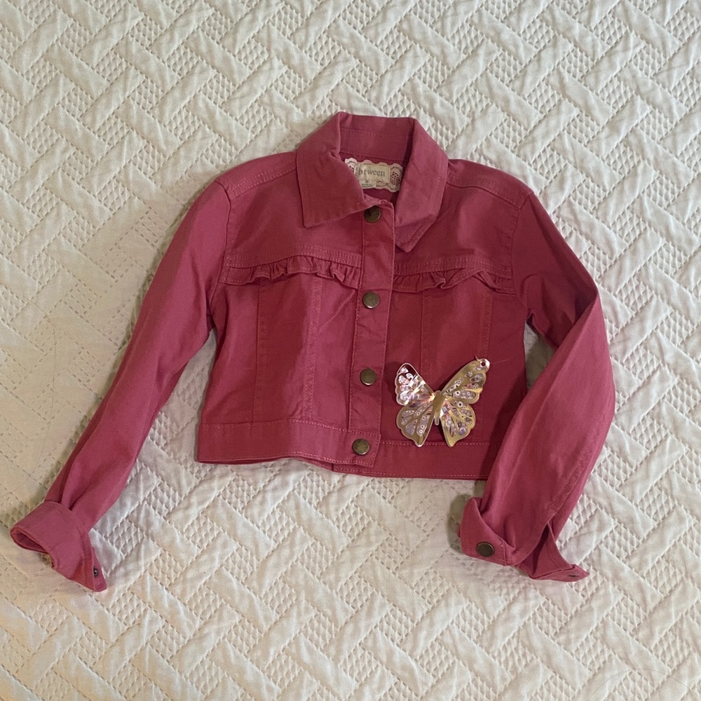 NWT Btween Reddish Pink Short Jean Jacket Long Sleeve, Girls Size S Sweet Frill